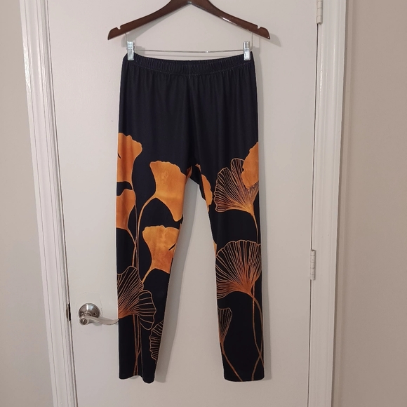 Pants - Yellow Flowers Women Size XXL Elastic Black Pants